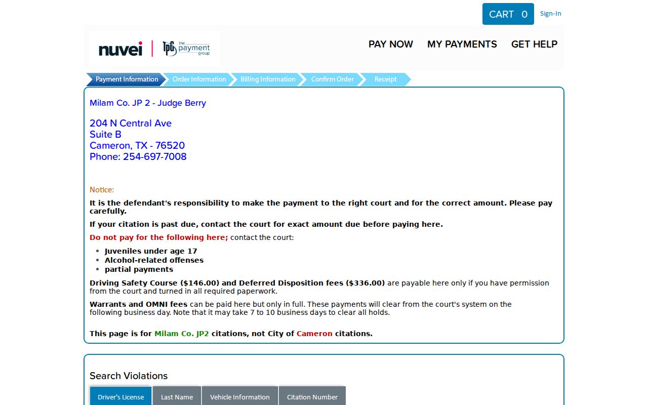 Milam County traffic warrant search keys on a JP2 court payment page