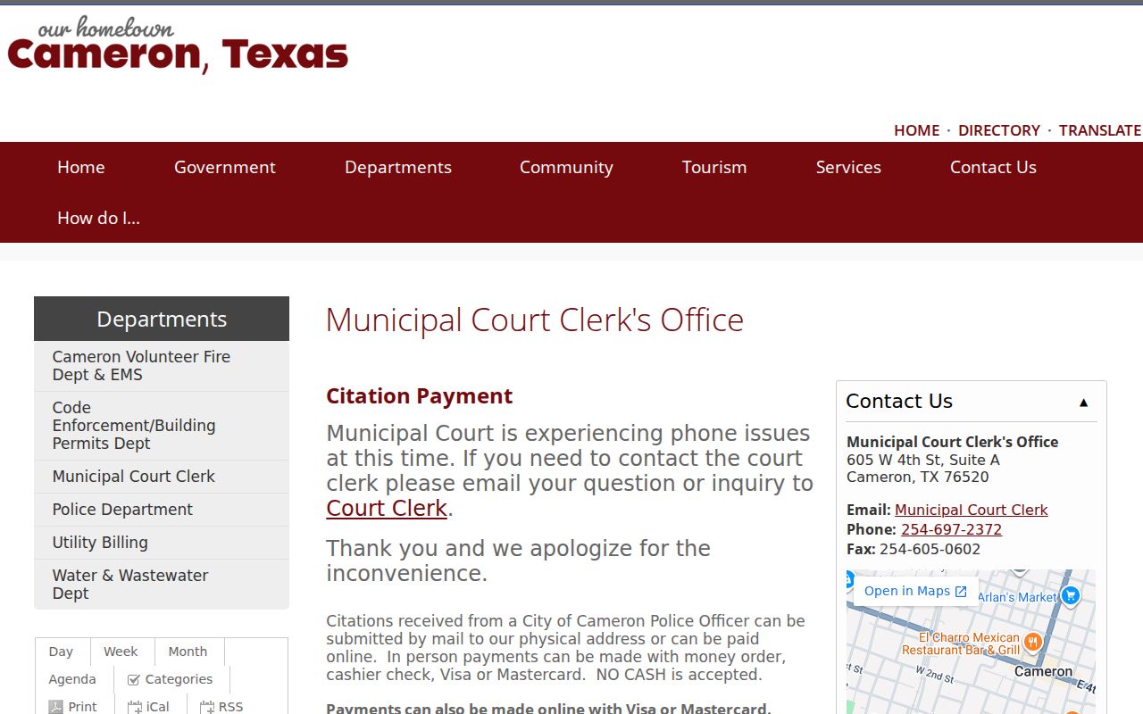 Cameron warrant records, municipal clerk payment methods and court links