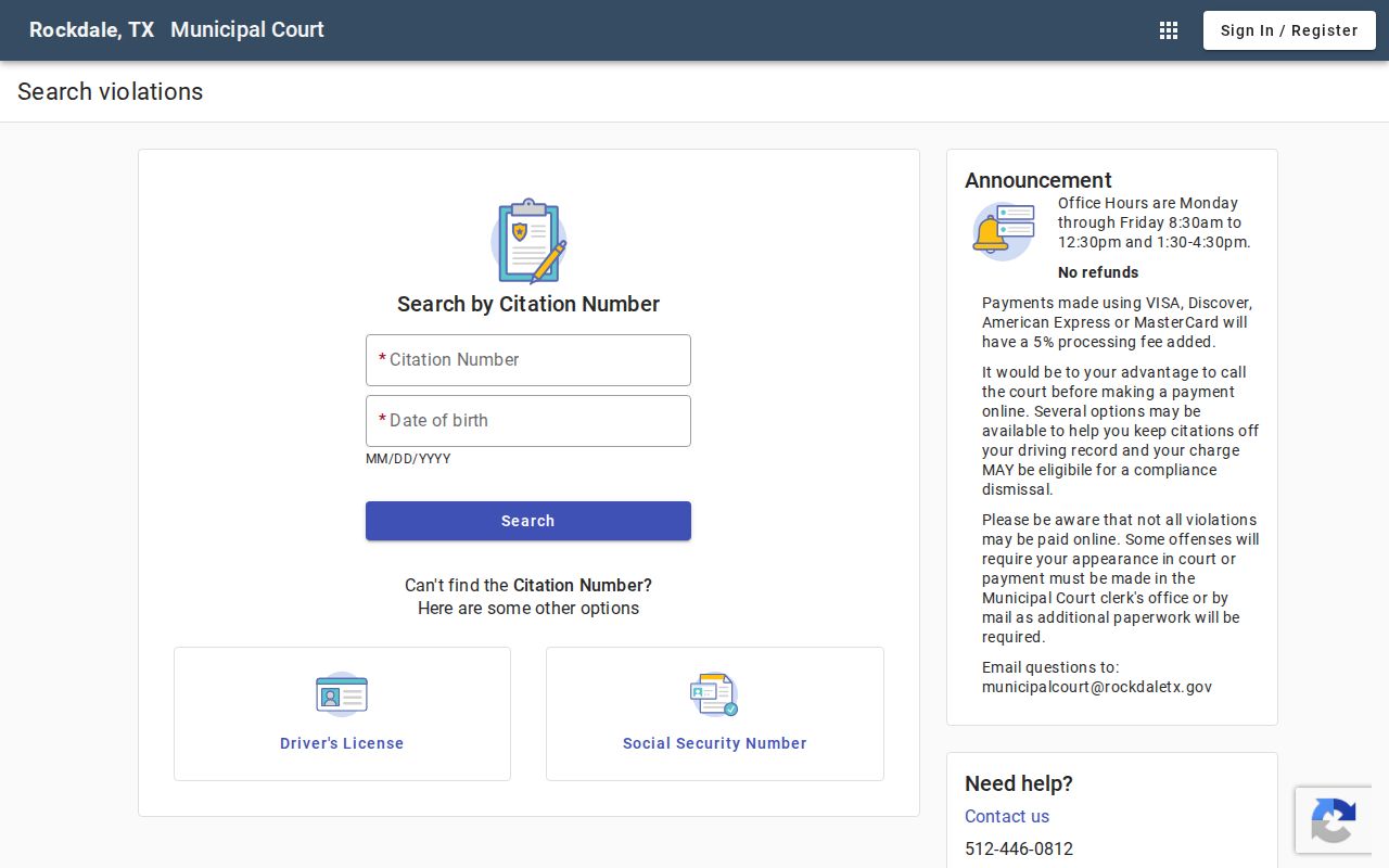 Rockdale warrant records, neutral city court search controls