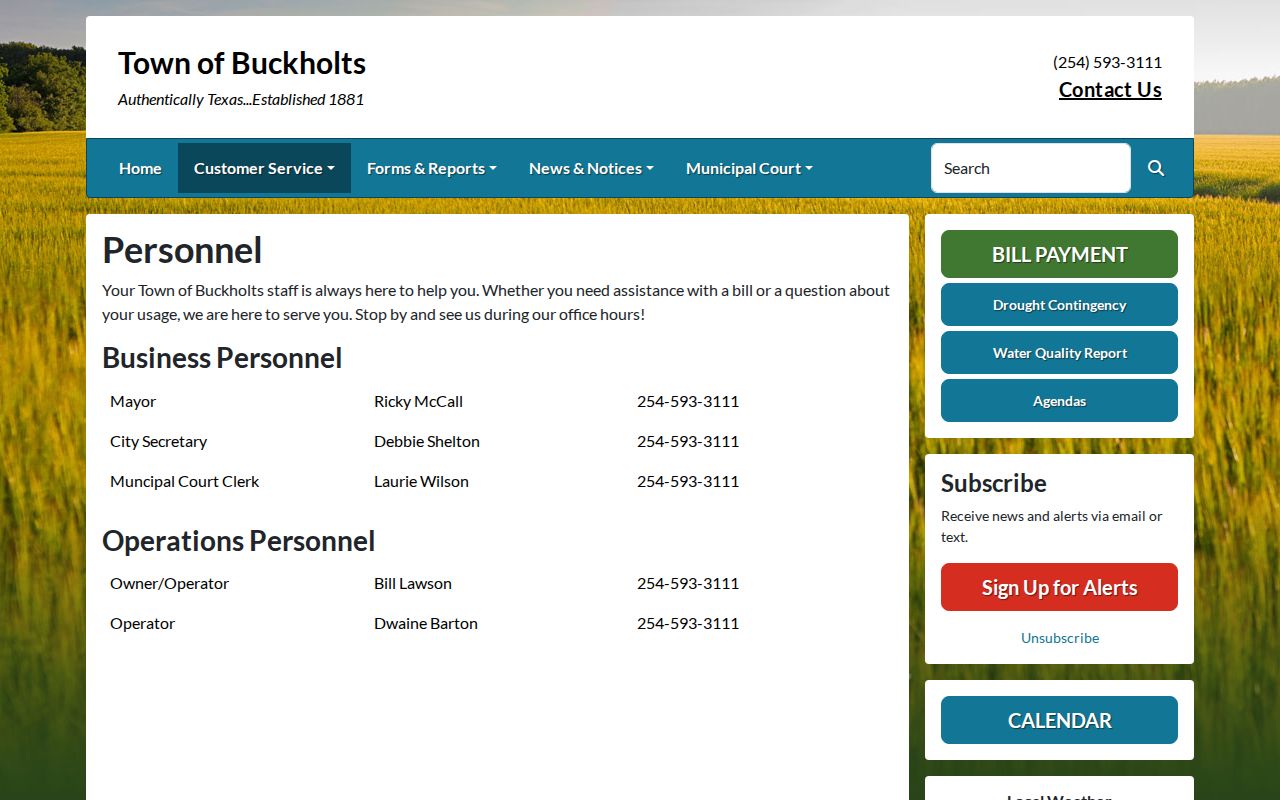Buckholts warrant records, town clerk and municipal court contact block